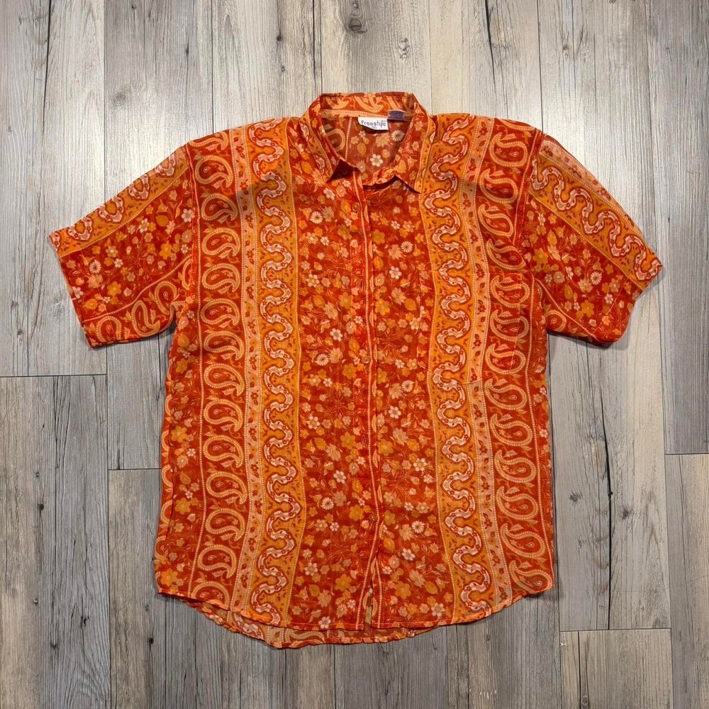 Freestyle Orange paisley button up see-through shirt